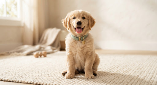 Halıda oturan neşeli bir Golden Retriever yavrusu
