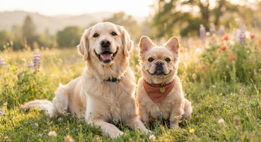Güneşli bir çayırda birlikte oturan neşeli bir Golden Retriever ve Fransız Bulldog